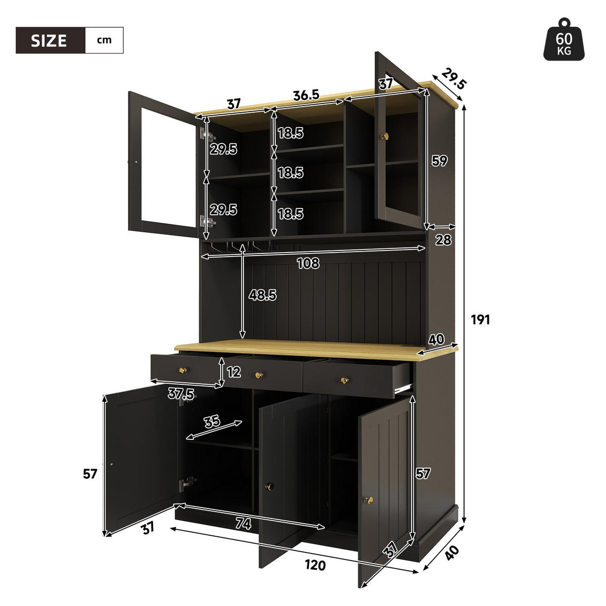 BUFFETSCHRANK Hochschrank 120x40x191cm Schwarz Gold Griffe USB - Schwarz, Holzwerkstoff (40/191/120cm) - FLIEKS