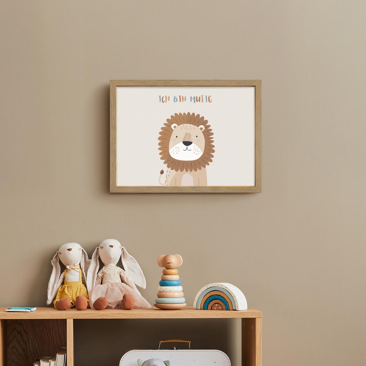 NACHTTISCHLAMPE MIT AKKU Löwe - Beige - Tier - Mutig - Zitat 40x30 cm - Beige, Holzwerkstoff (8/40/30cm) - OnlyWow