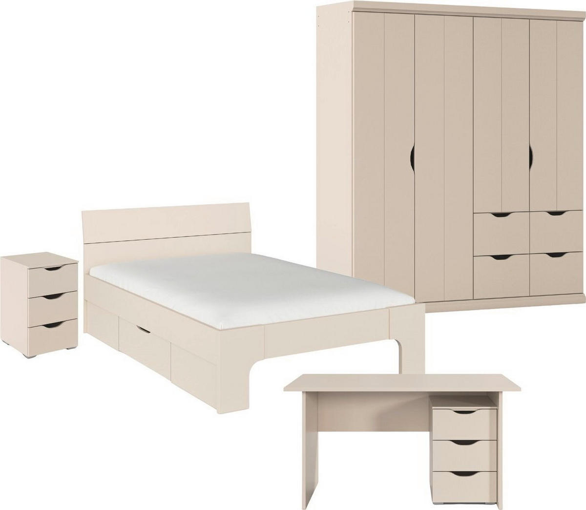 JUGENDZIMMER Frieda in Beige 5-teilig mit 4 türigem Kleiderschrank mit Schubkästen, 140er Jugendbett, Nachttisch, Schreibtisch mit Container - Beige, Holzwerkstoff (80/200/120cm)