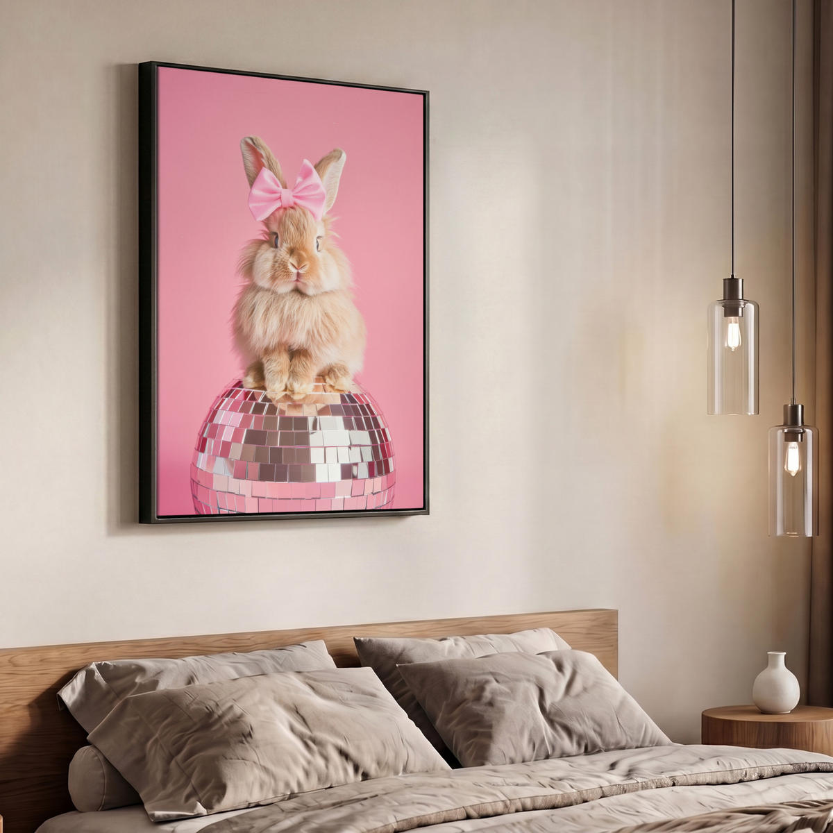 LEINWAND Bilder mit Rahmen - Schleife - Discoball - Kaninchen - 70x100 - Pink, Textil (70/100cm) - MuchoWow