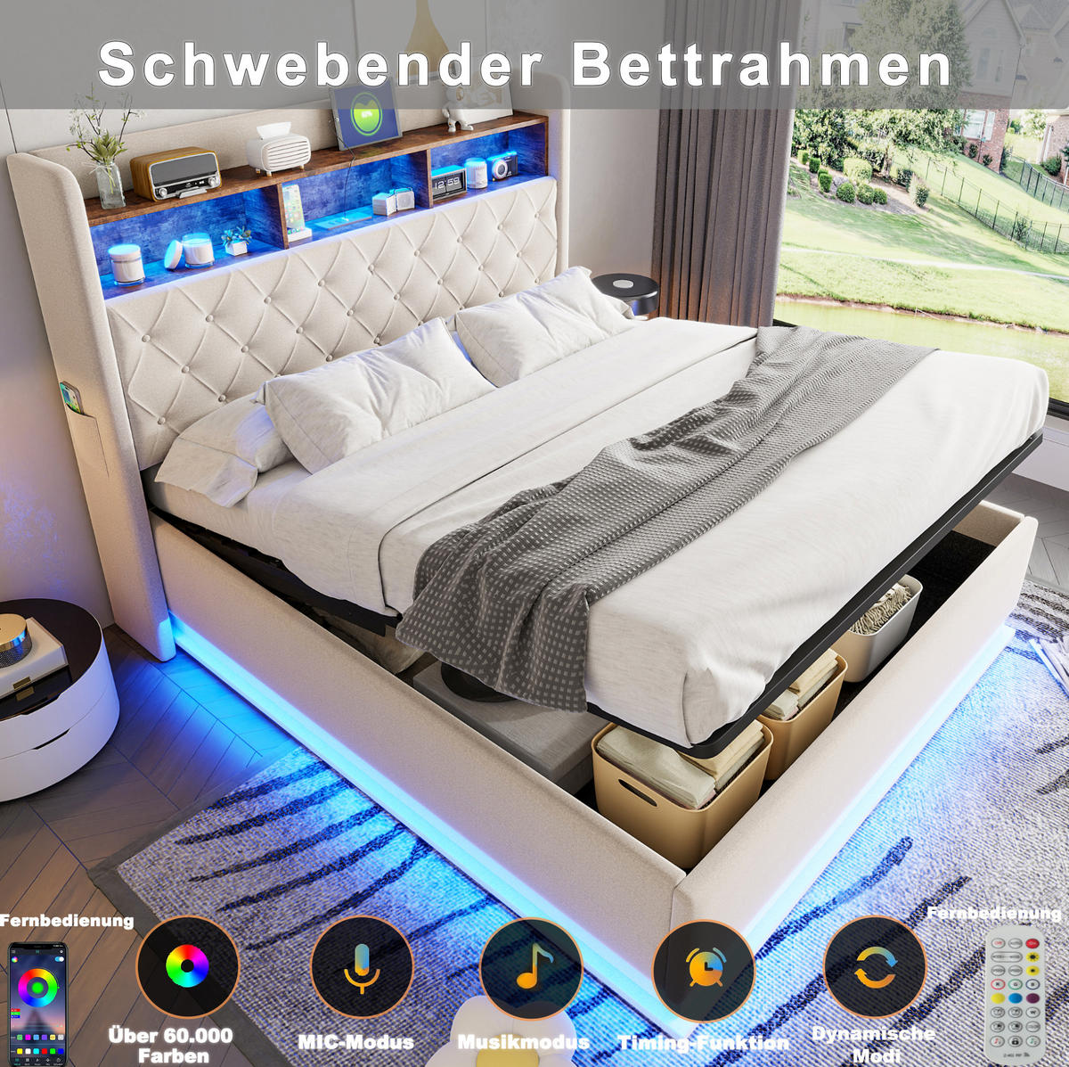 ČALÚNENÁ posteľ 180/200 cm s LED osvetlením, USB nabíjaním a hydraulickým úložným priestorom, Beige/Grau - béžová, textil (180/200cm) - Redom