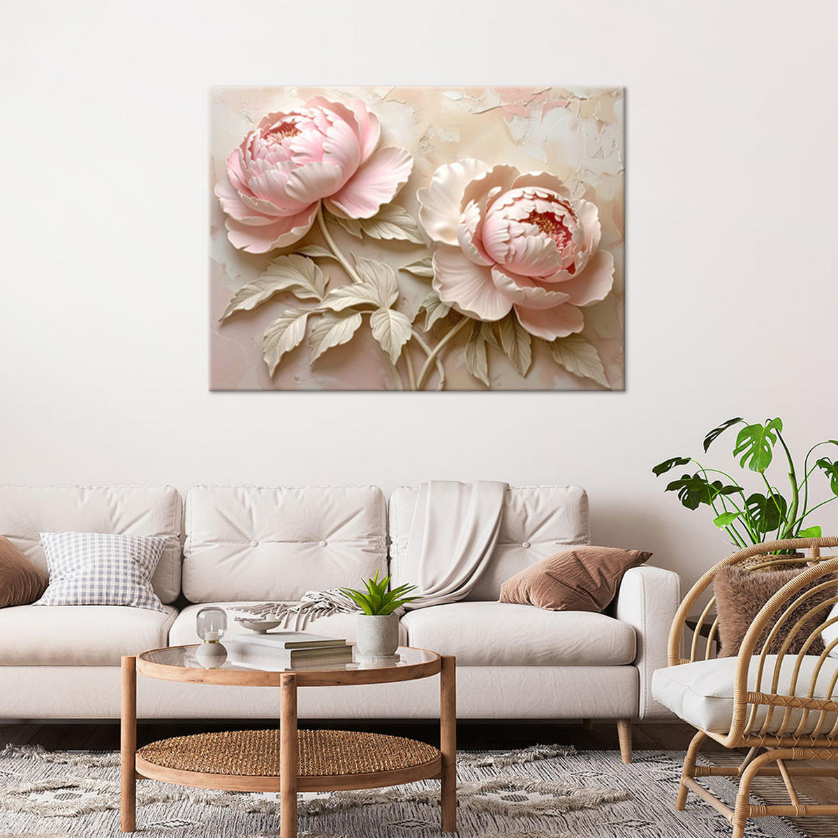 LEINWANDBILD, Rosa Pfingstrosen in Reliefkomposition - Rosa, Textil (60/40cm) - Feeby