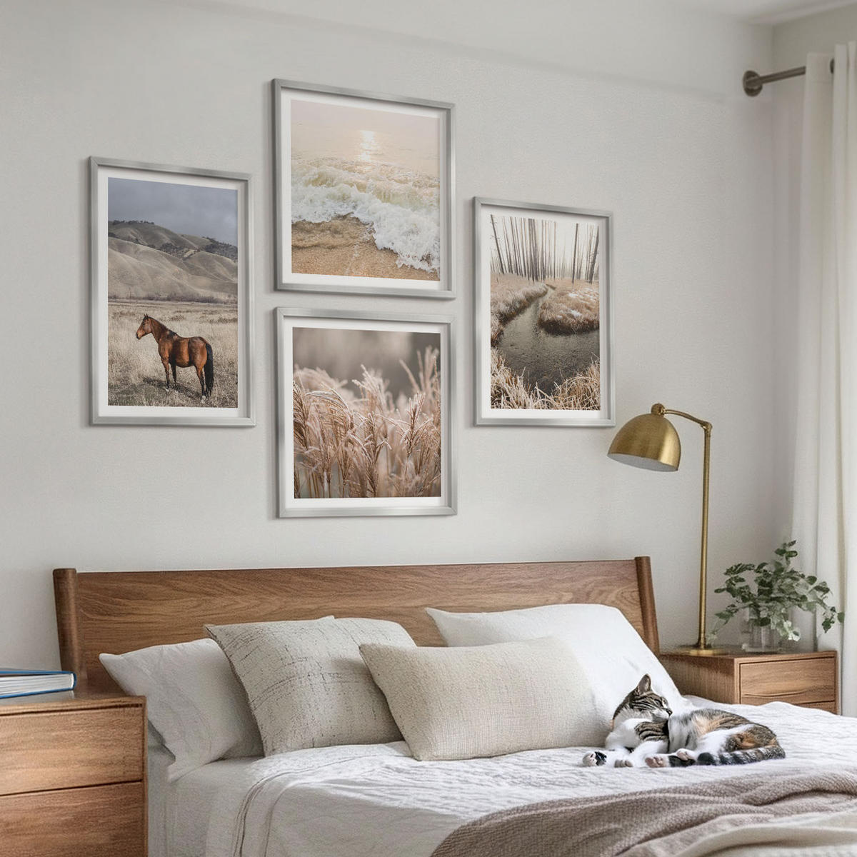 WANDBILDER 4er Set - 50x50 cm & 40x60 cm Silberner Rahmen - Pferdelandschaft Seegraswald - Silberfarben, Kunststoff (50/50cm) - ArtPrintCave