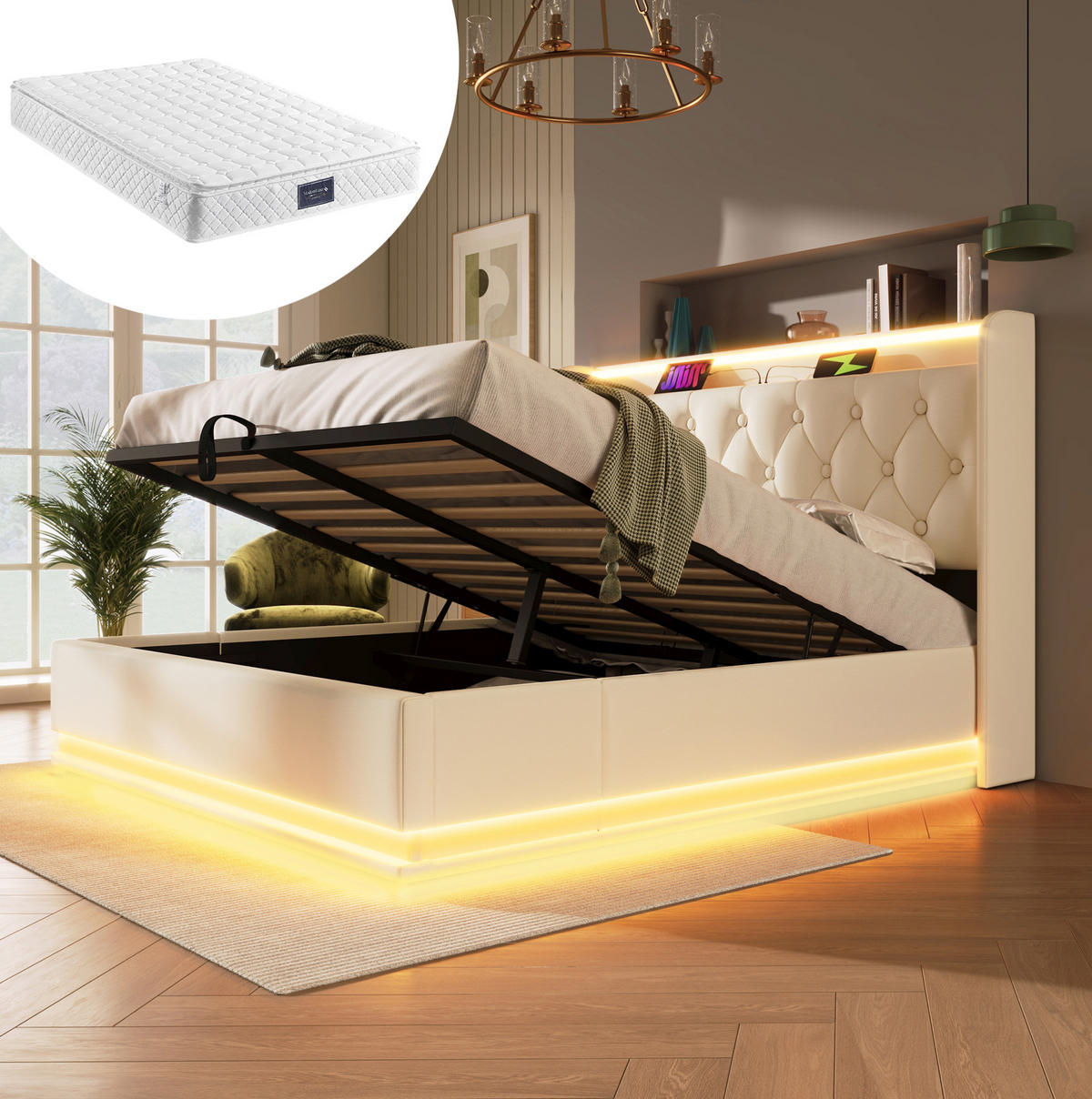 POLSTERBETT aus PU 160x200 cm Weiß mit Bettkasten, LED-Beleuchtung, USB- und Typ-C-Anschluss - Weiß, Leder (160/200cm) - IVMEU