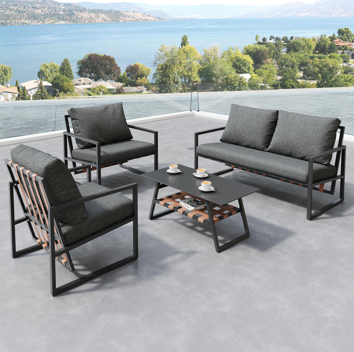 GARTENLOUNGE für 4 Personen mit Couchtisch, Ablage, waschbaren Kissenbezügen und Hartglasplatte, Schwarz - Schwarz, Kunststoff - Redom