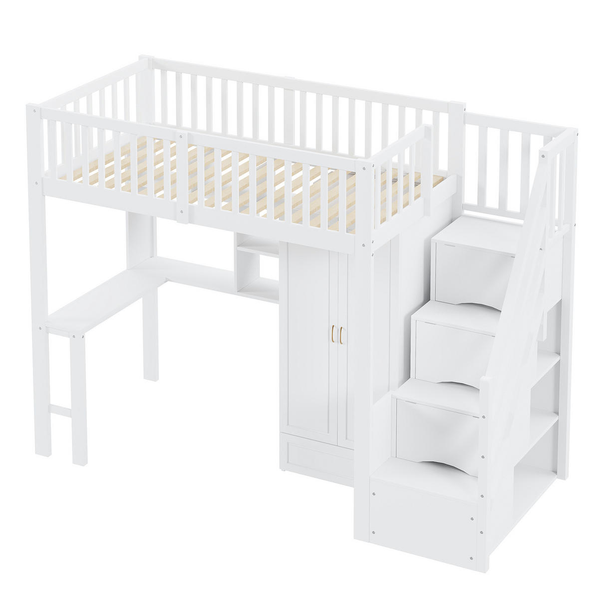 HOCHBETT 90/200 cm Weiß mit Kleiderschrank Tisch Stauraum Treppe aus Holz - Weiß, Holz (90/200cm) - OKWISH