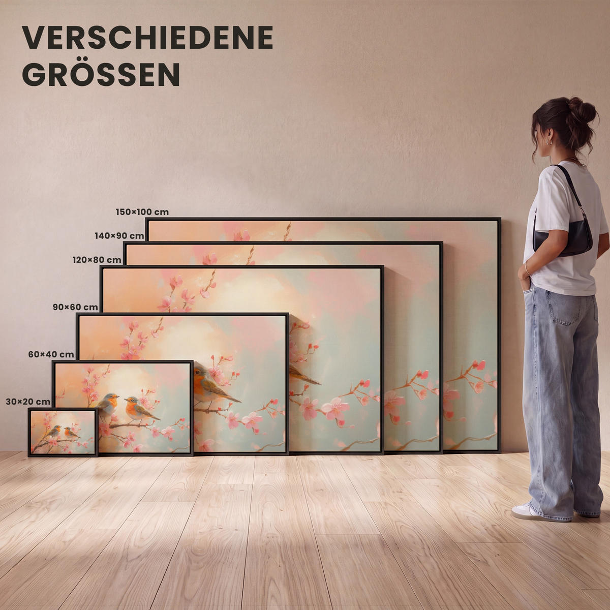 LEINWAND Bilder mit Rahmen - Rotkehlchen - Zierpflanze - Blütenzweig - 30x20 - Hellrosa, Textil (30/20cm) - MuchoWow