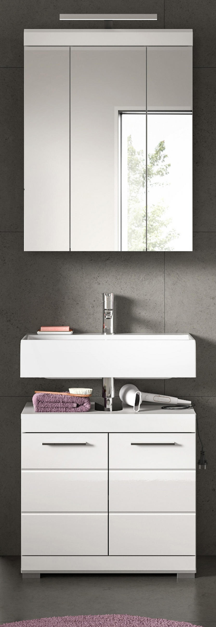 BADMÖBEL-SET weiß Hochglanz 2-teilig 60 cm, Kombination mit Spiegelschrank - Weiß Hochglanz, Glas/Holzwerkstoff (60/191/34cm) - Inn.Furn