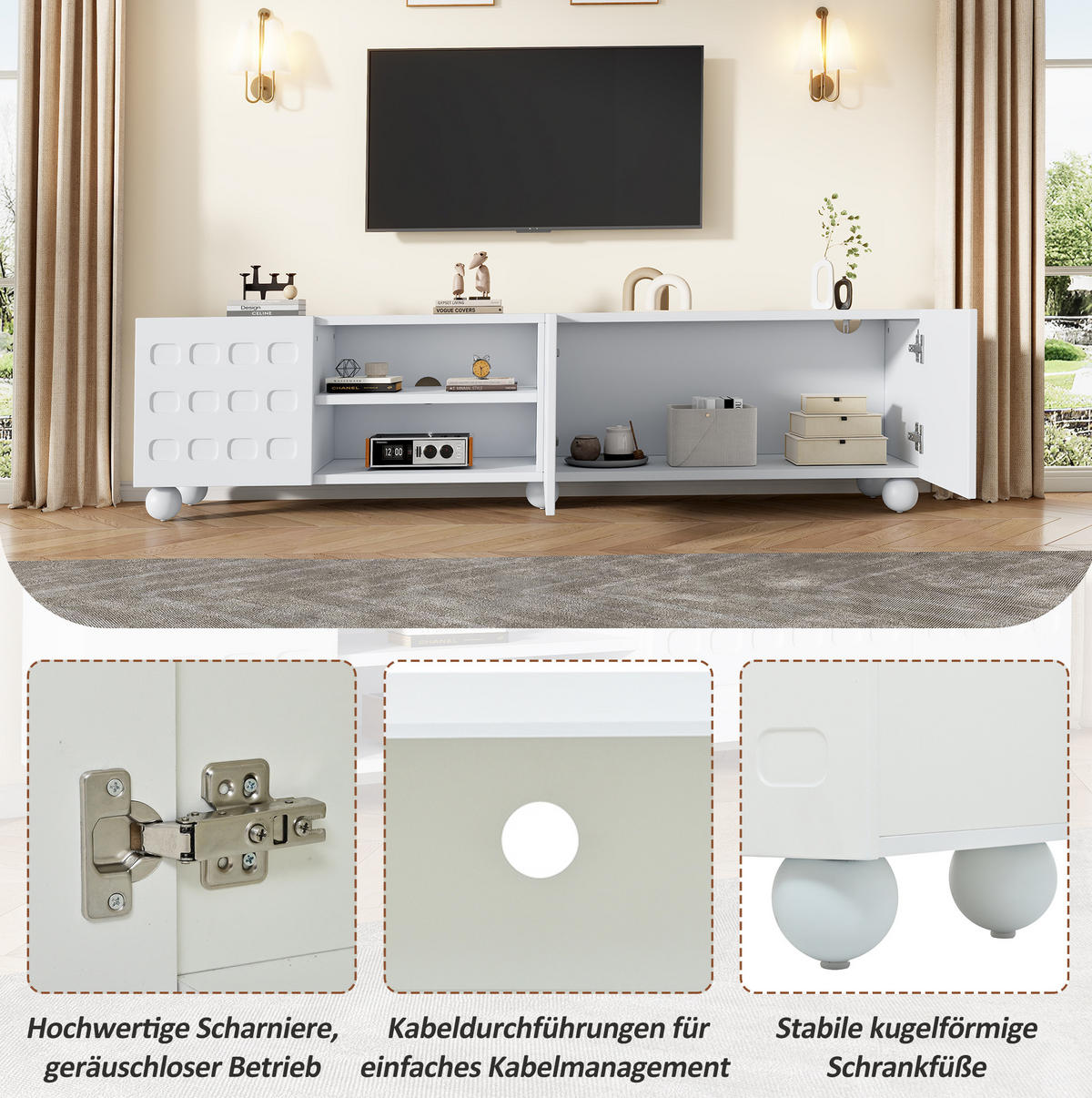 TV-LOWBOARD aus Spanplatte 200x40x44 cm Weiß mit 3 Türen und offenen Fächern - Weiß, Holzwerkstoff (200/44/40cm) - IVMEU