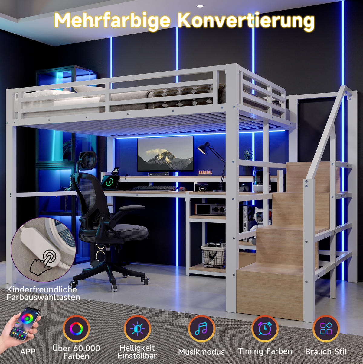 HOCHBETT 140x200 cm in Weiß mit Leiterschrank, LED-Leiste und USB-C-Anschluss - Weiß, Holzwerkstoff (140/200cm) - IVMEU