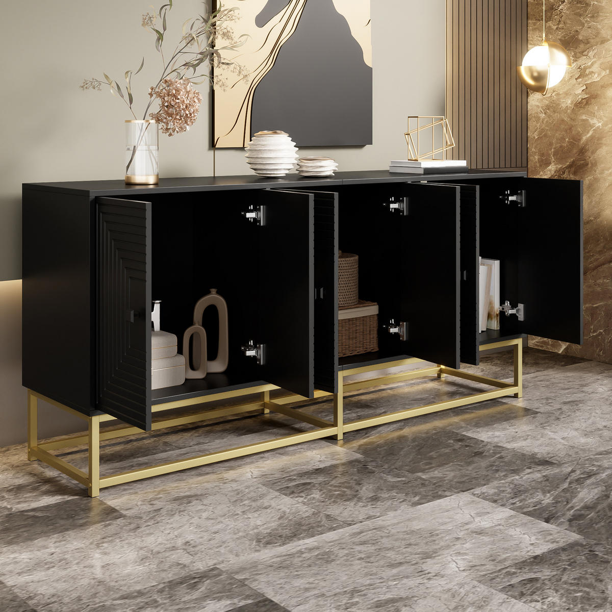 SIDEBOARD schwarz 3 Türen Stauraum - Schwarz, Holzwerkstoff (160/75.5/38cm) - Fortuna Lai