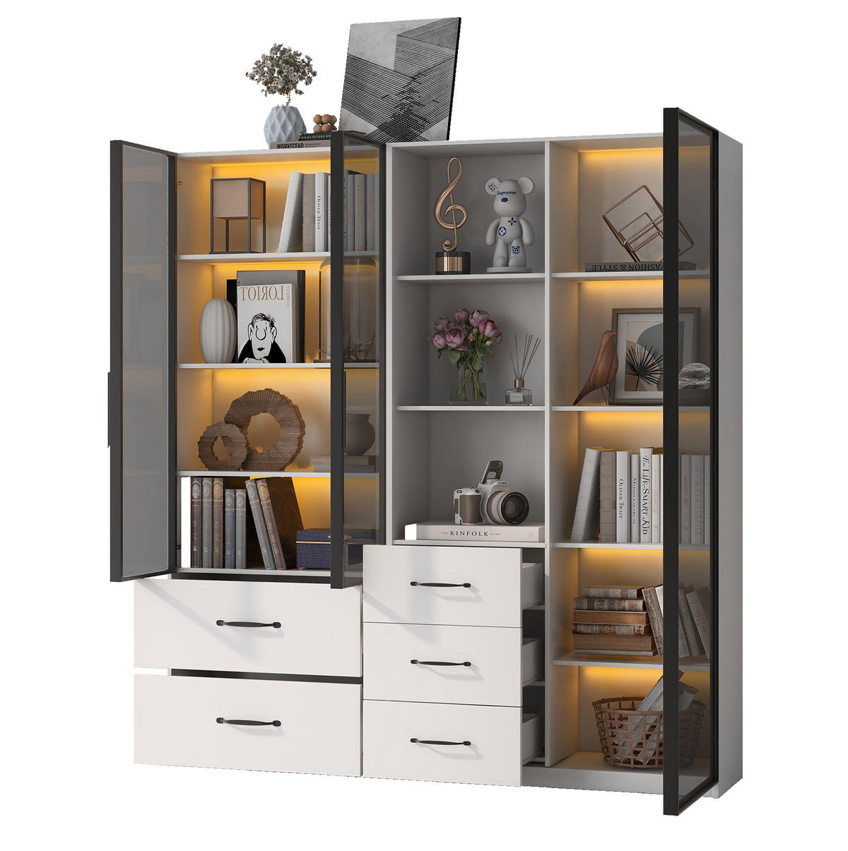 HIGHBOARD mit LED-Beleuchtung 140/40/160 cm in Weiß mit Glastüren und Schubladen - Weiß, Holzwerkstoff (140/160/40cm) - BEAOK