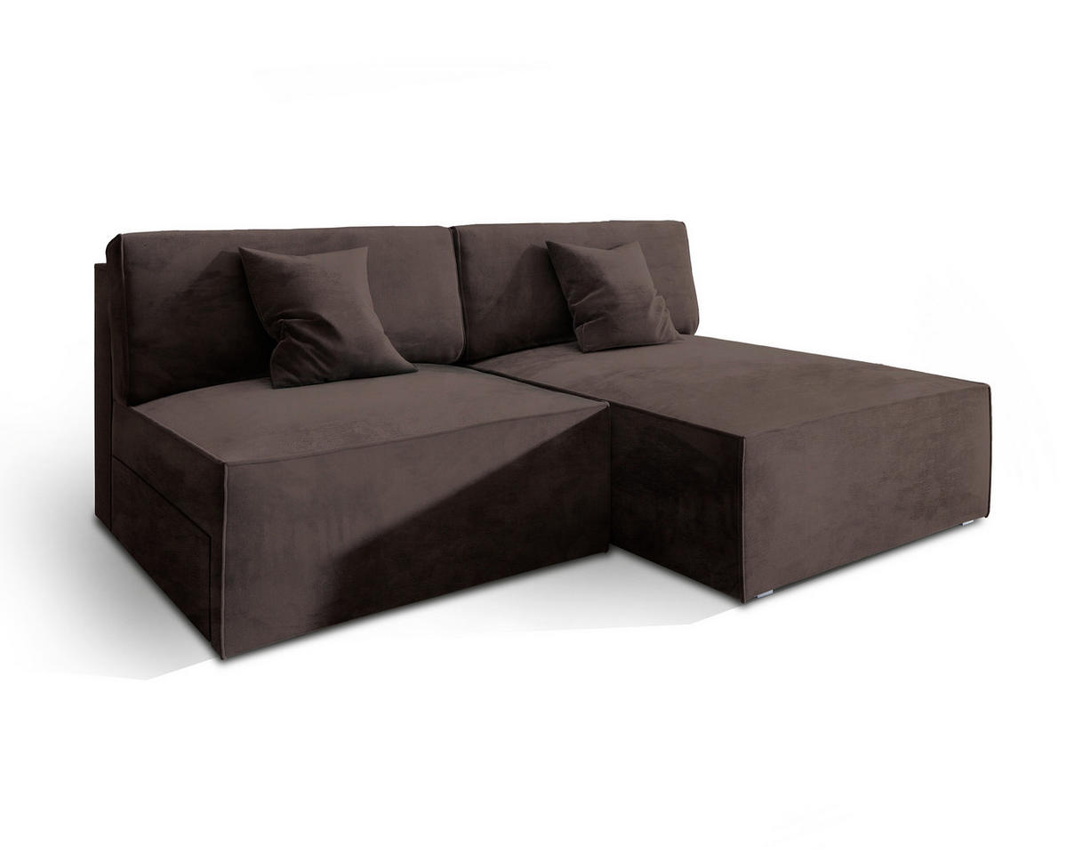 ECKSOFA FIORO M Braun Velours-Stoff mit Schlaffunktion - Braun, Holz (204/148cm) - MASSENO