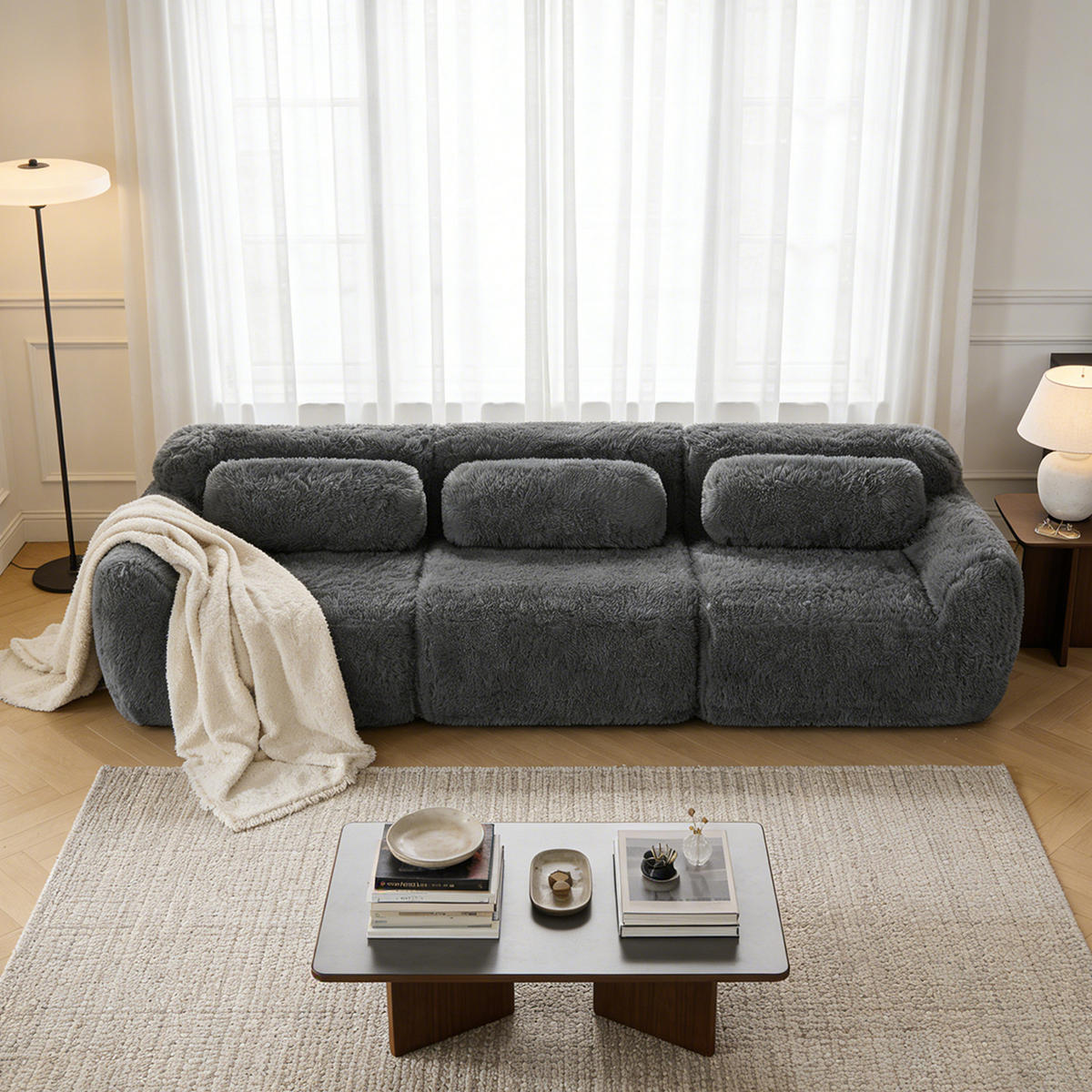 SOFA Modulares 3-Sitzer, keine Montage erforderlich, Webpelz-Bezug, Grau - Grau, Textil (104/73/291cm) - Meubles Cosy