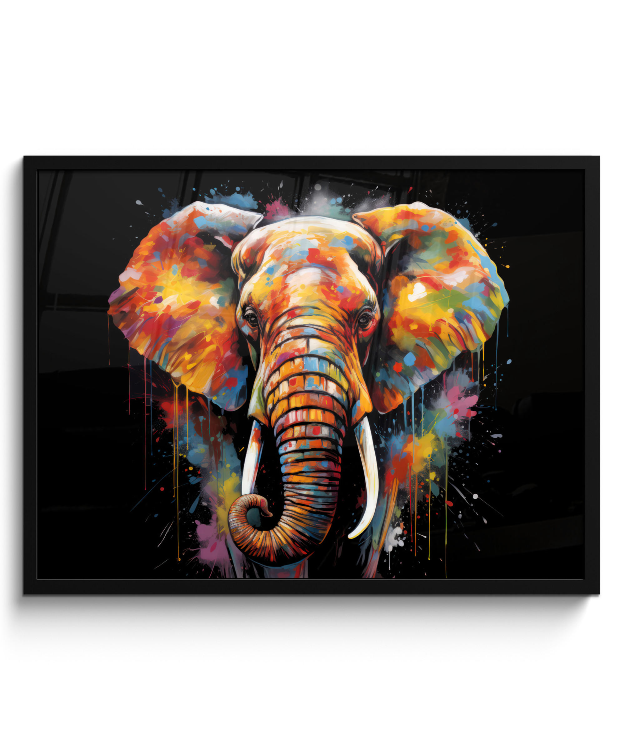 POSTER MIT RAHMENGERAHMTES BILD Elefant - Graffiti - Schwarz - Tiere - Farben 80x60 cm - Schwarz, Papier (80/60cm) - MuchoWow