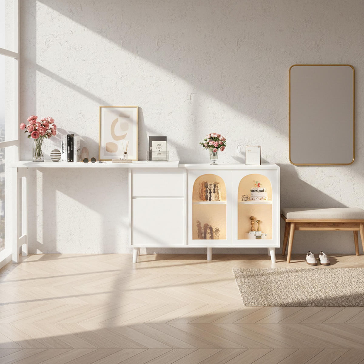 BÜROTISCH Weißer mit Stauraum und Vitrine - Weiß, Glas/Holzwerkstoff (40/120/70cm) - Urban Meuble