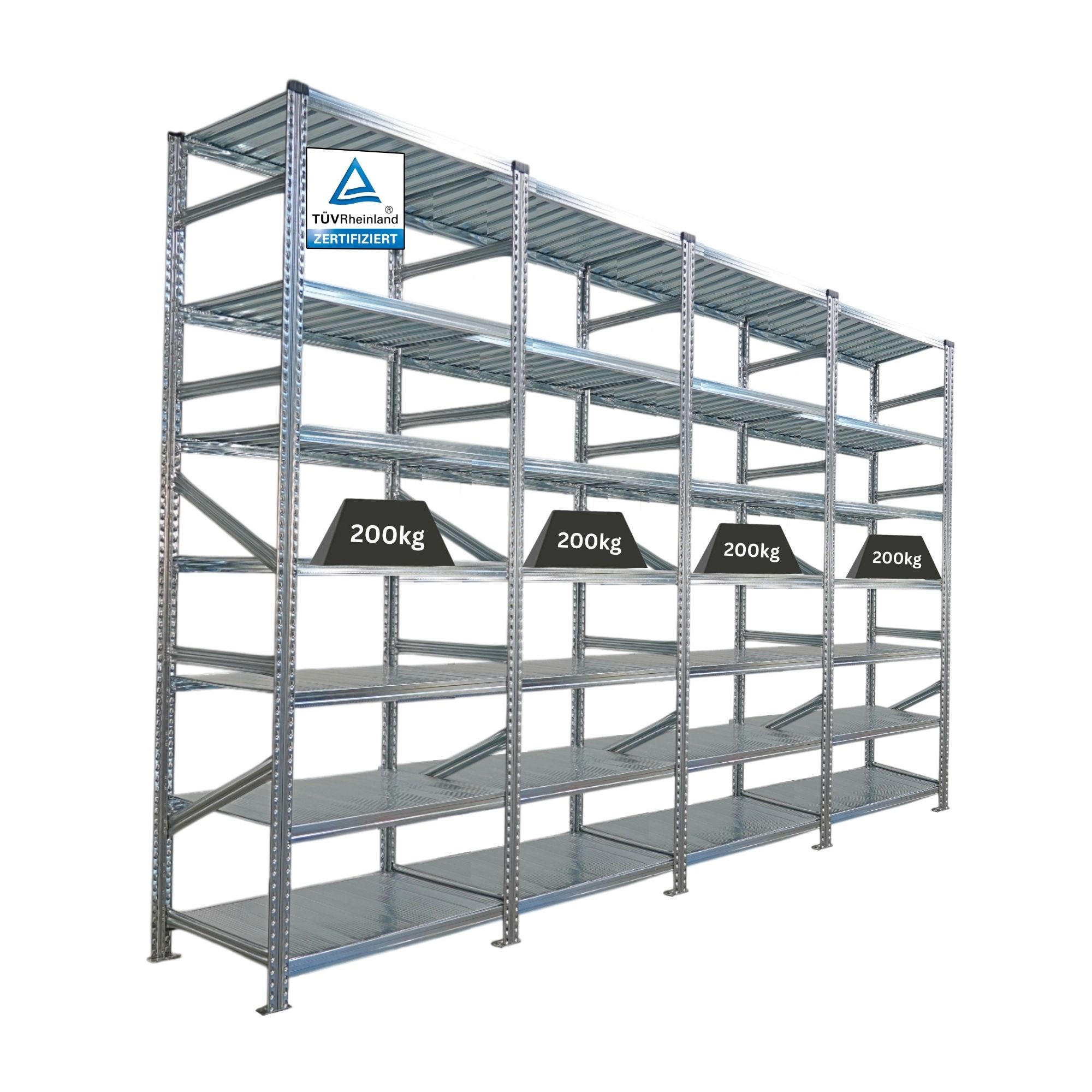 FACHBODENREGAL Proximo Stecksystem 250x360x60cm 7 Ebenen Beidseitig nutzbar Verzinkt - Silberfarben, Metall (360/250/60cm) - PROREGAL