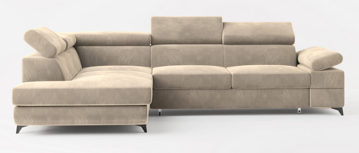 ECKSOFA FAVIEN L-S Creme Velours-Stoff mit Schlaffunktion - Creme, Holz (257/190cm) - MASSENO