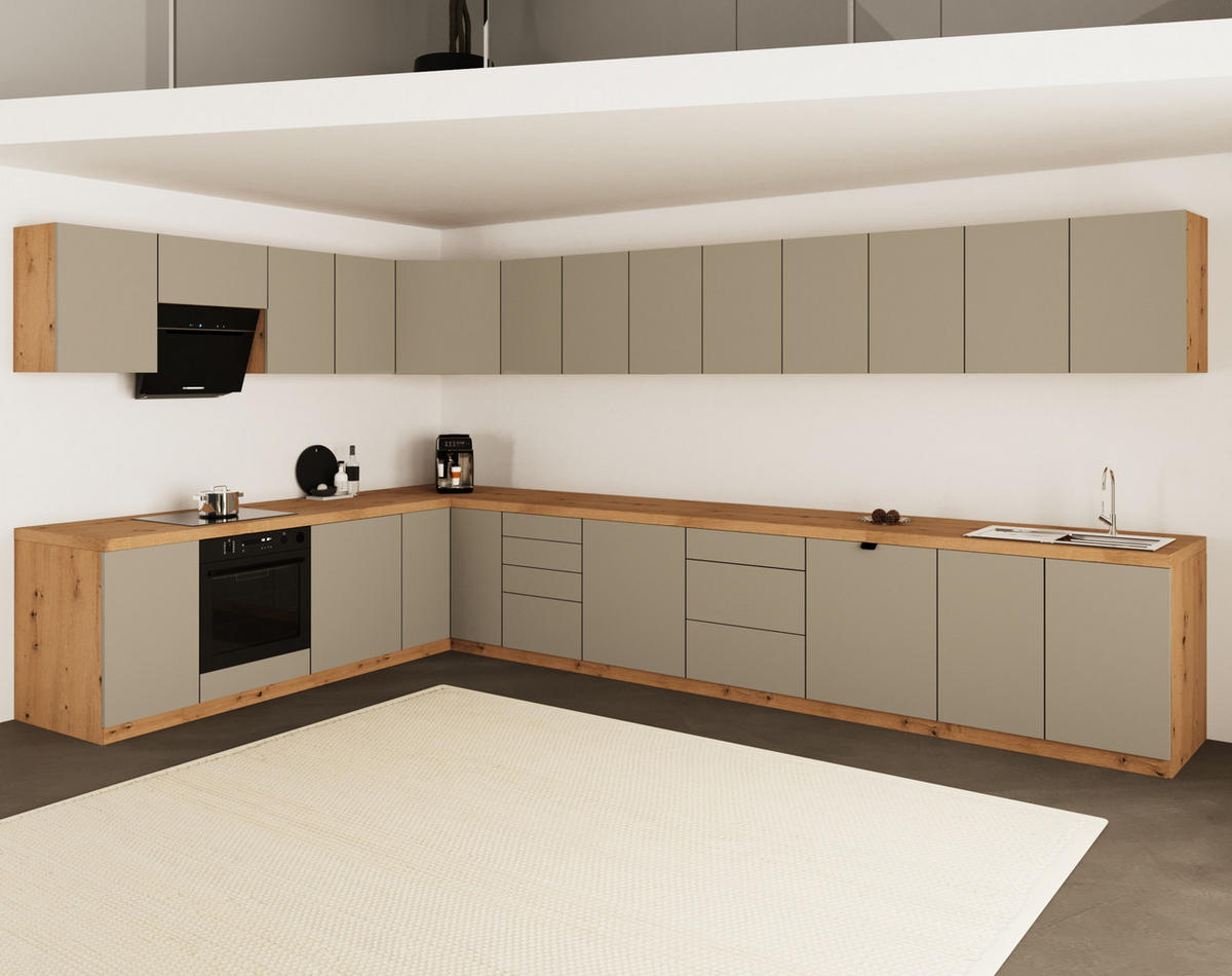 WINKELKÜCHE 380cm x 240cm- Langen KL22-M380 - in Beige/Matt - Beige, Holz (620/212/52cm)
