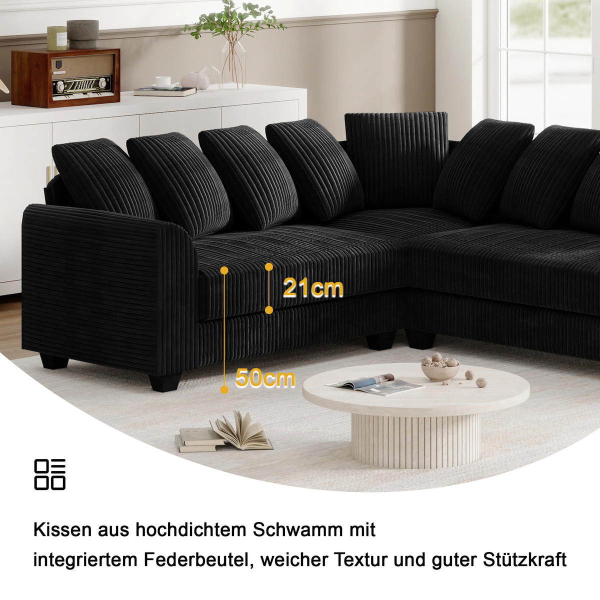 MODULARES L-Ecksofa Cord mit 9 Kissen 202/202/74 cm Schwarz - Schwarz, Textil (202/202cm) - Redom