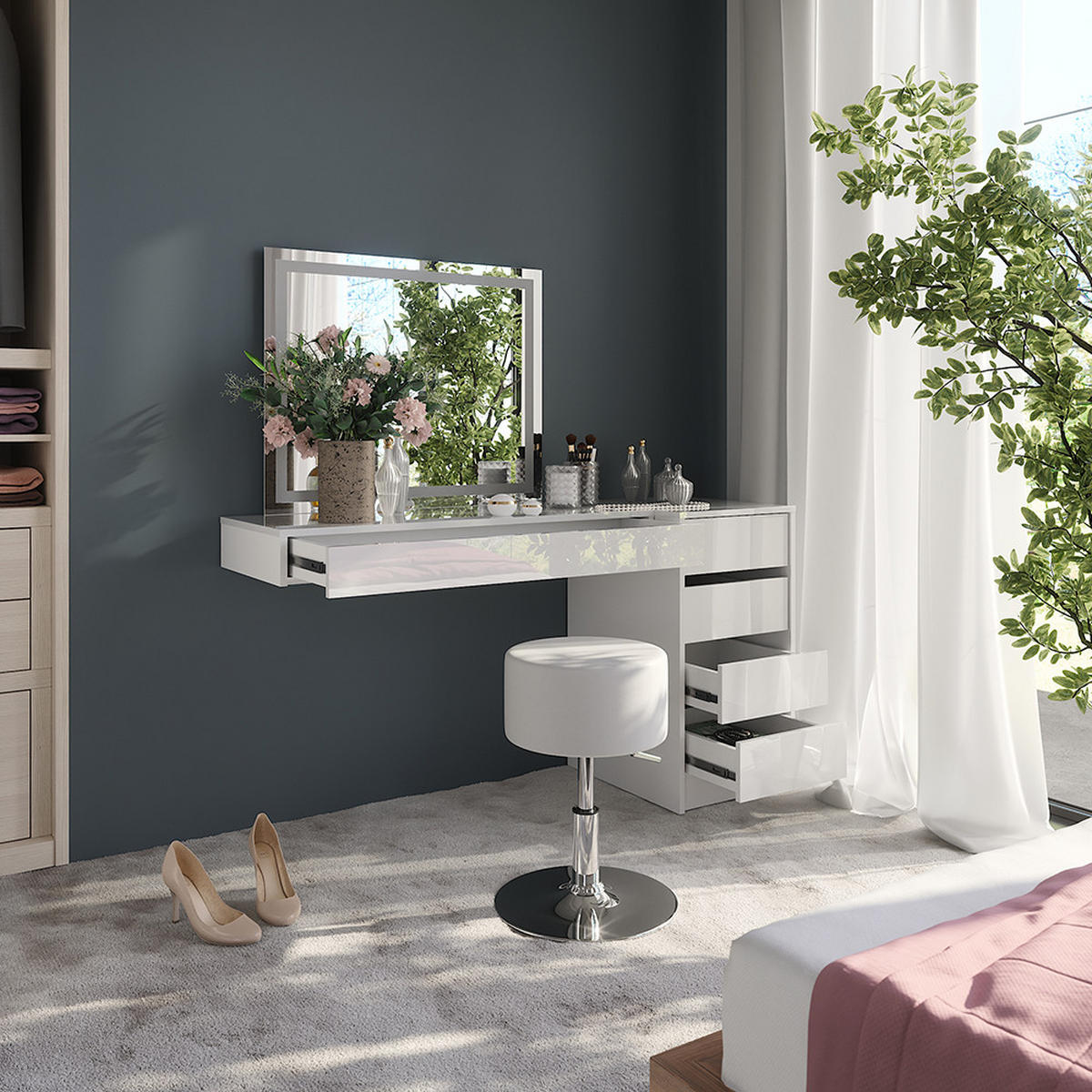 SCHMINKTISCH Sherry Weiß 100 cm 4 Teile - Weiß, Holzwerkstoff (100/12/40.1cm) - Vicco