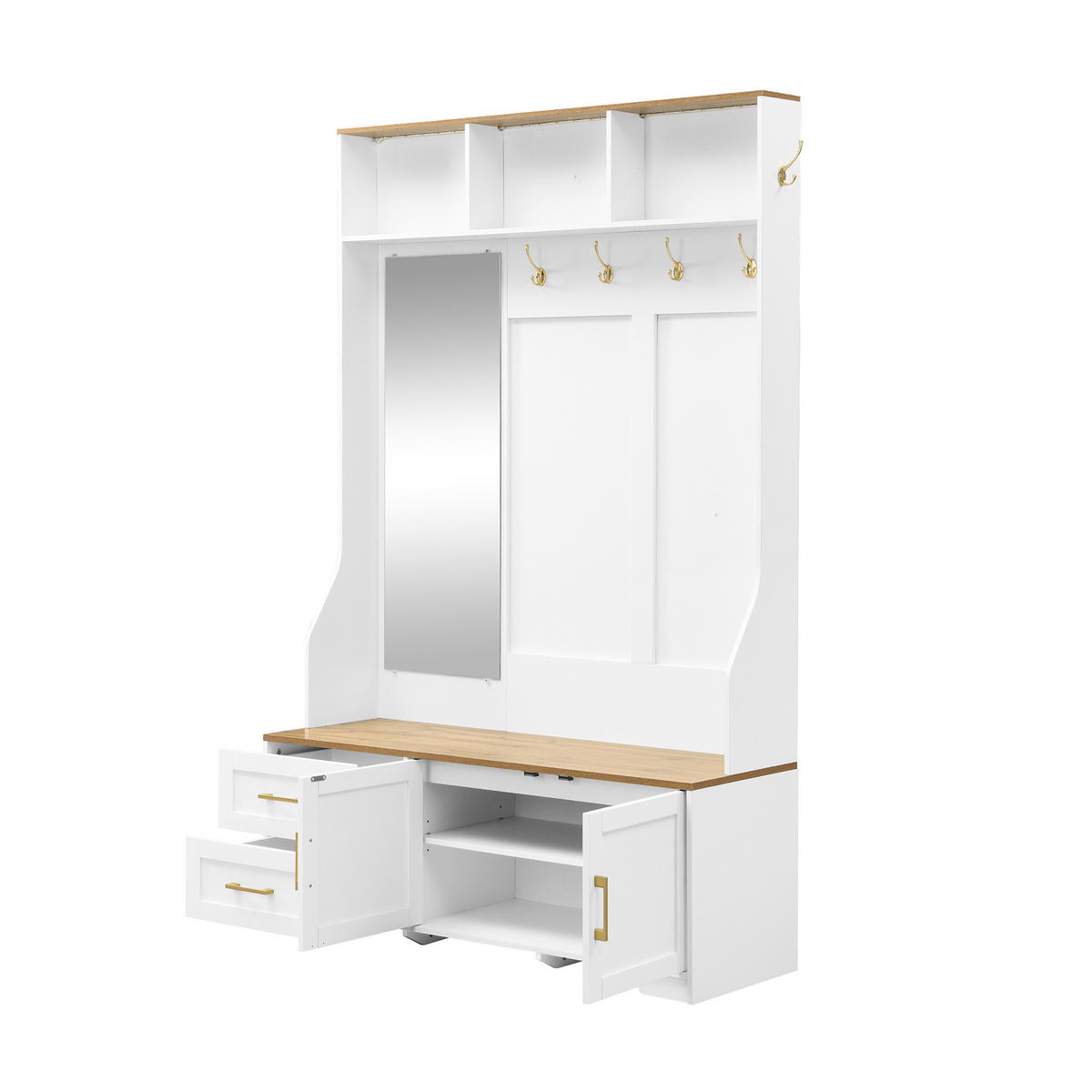 DIELENGARDEROBE 120/40/187 cm mit Spiegel, Sitzbank und LED in Weiß/Holzfarbe - Weiß, Holzwerkstoff (40/187/120cm) - BEAOK