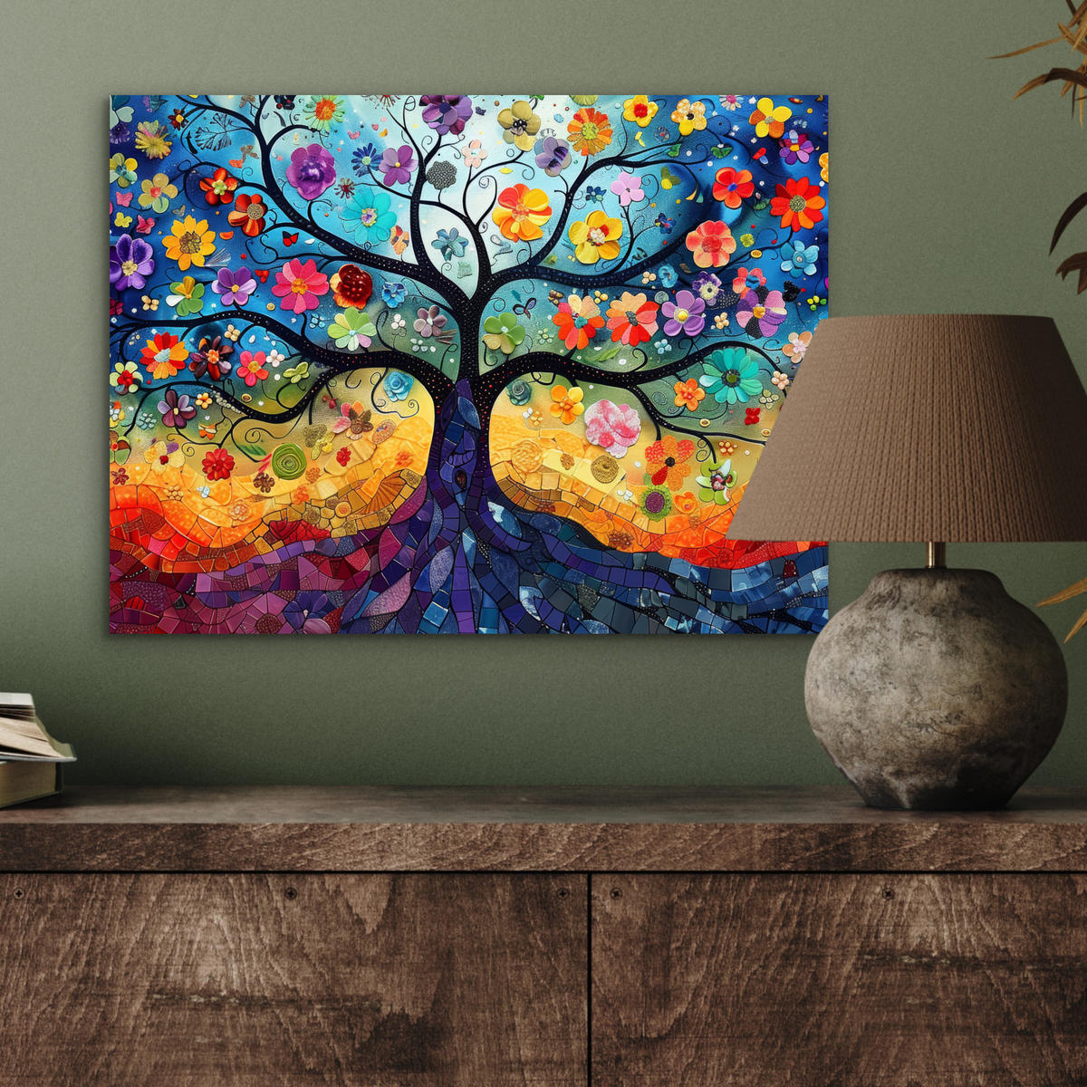KOVOVÝ OBRAZ Umenie - Strom života - Kvety - Hippie 40x30 cm - tmavomodrá, kov (40/30cm) - MuchoWow