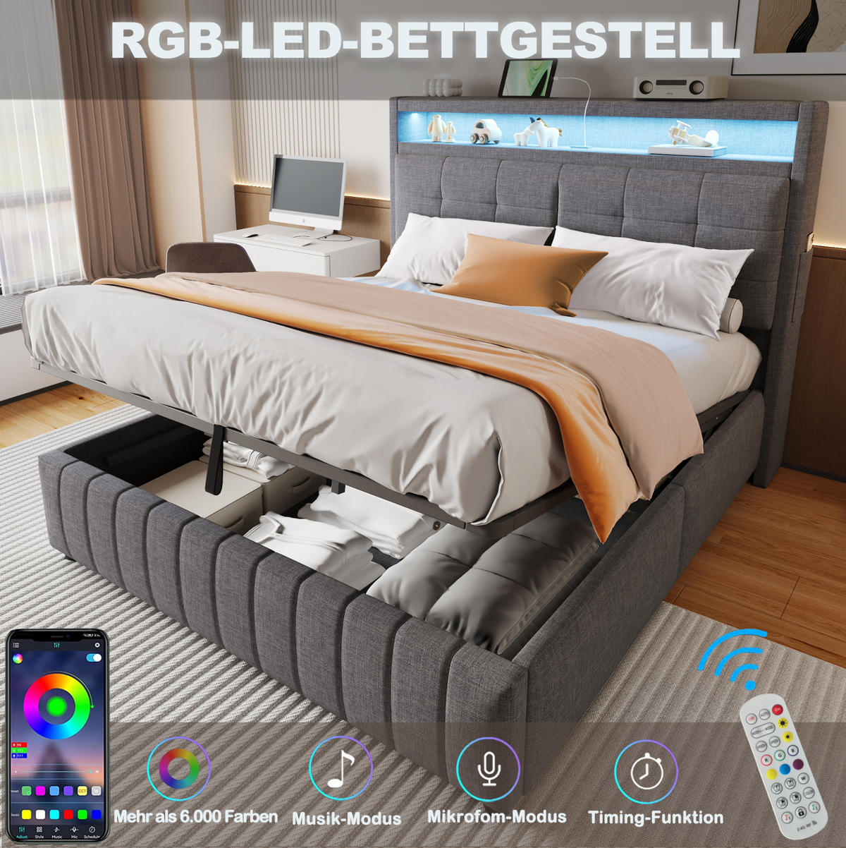 POLSTERBETT 160/200 cm grau aus Leinenstoff mit LED und Stauraum - Grau, Textil (160/200cm) - OKMYHOME