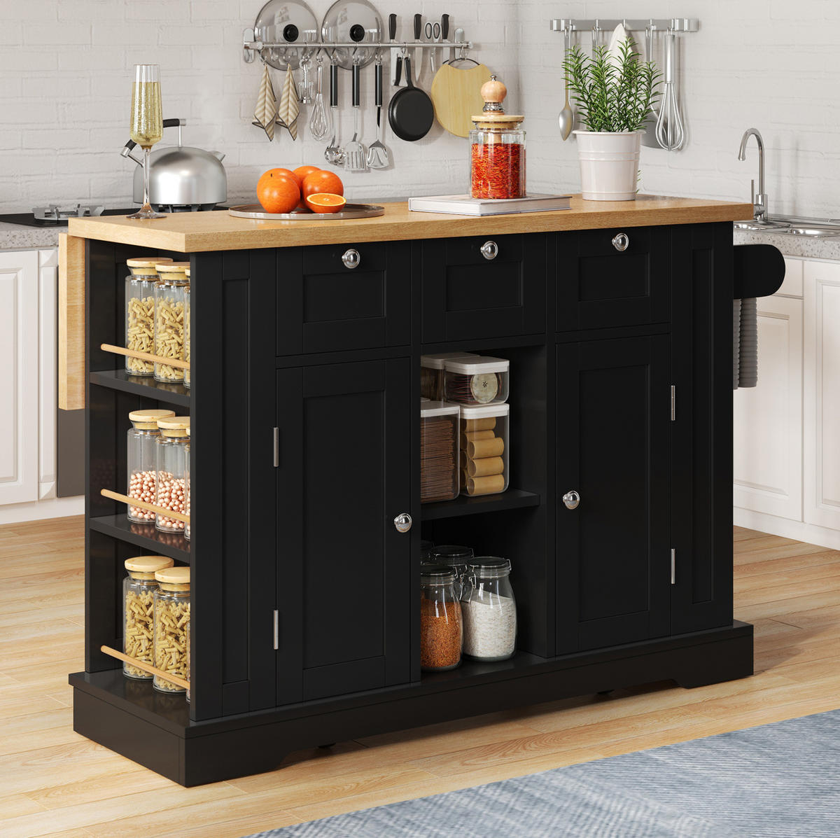 KÜCHENINSEL mit ausziehbarer Arbeitsplatte 132 cm Natur/Schwarz - Schwarz, Holz (70/87/132cm) - Beauniv