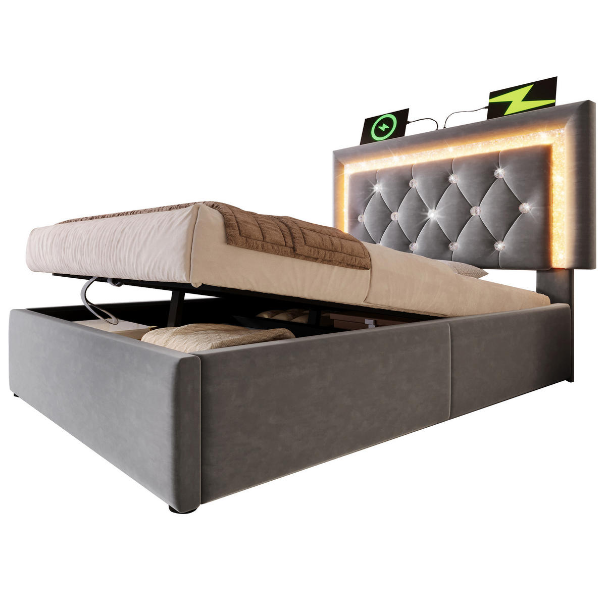 POLSTERBETT mit LED und Bettkasten 90x200 cm Samt Grau inkl. Matratze - Grau, Metall (90/200cm) - Meubliv