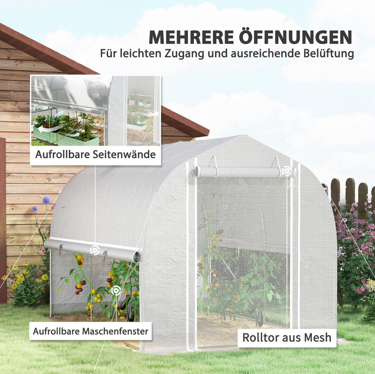 GEWÄCHSHAUS 300/200/200 cm in Weiß mit 4 Fenstern und Rolltür - Weiß, Kunststoff (200/200/300cm) - Flora Grace