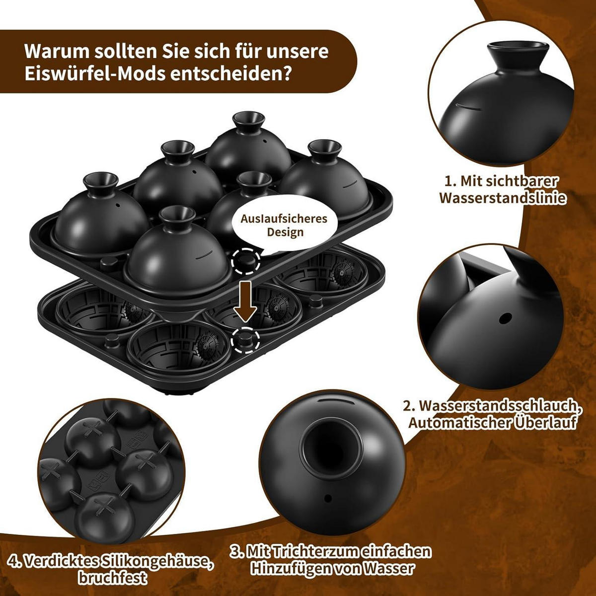 EISWÜRFELFORM Kugel Silikon mit Deckel, schwarz - Schwarz, Kunststoff (15.7/7.2/22.6cm)