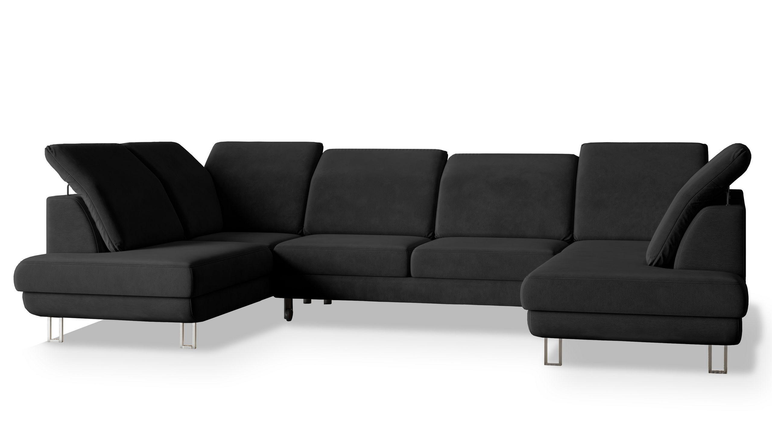 WOHNLANDSCHAFT TERAMO Schwarz Velours-Stoff mit Schlaffunktion - Schwarz, Holz (316/88/193cm) - MASSENO