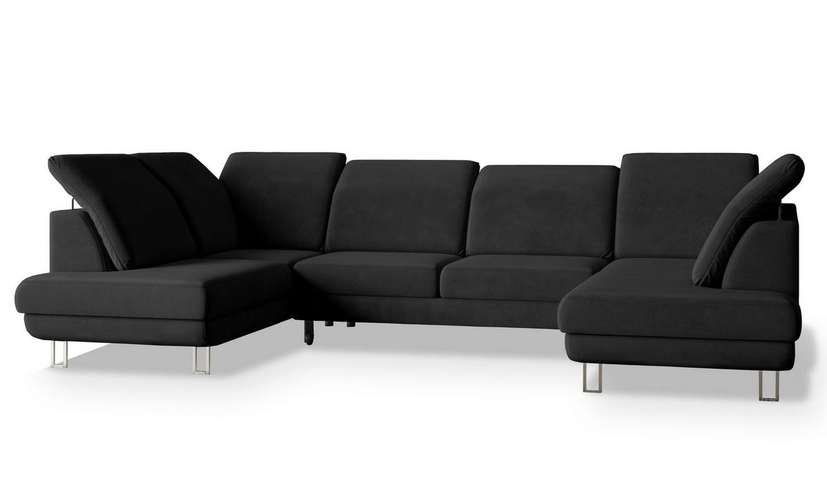 WOHNLANDSCHAFT TERAMO Schwarz Velours-Stoff mit Schlaffunktion - Schwarz, Holz (316/88/193cm) - MASSENO