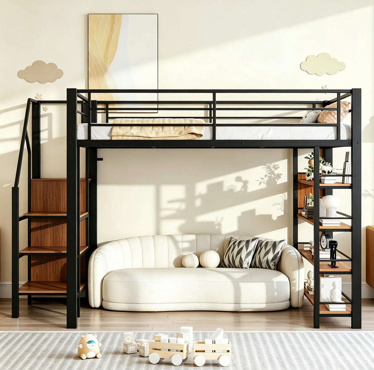 HOCHBETT 140/200 cm aus Metall mit Stauraumtreppe und Kleiderschrank, Schwarz - Schwarz, Metall (140/200cm) - OKMYHOME