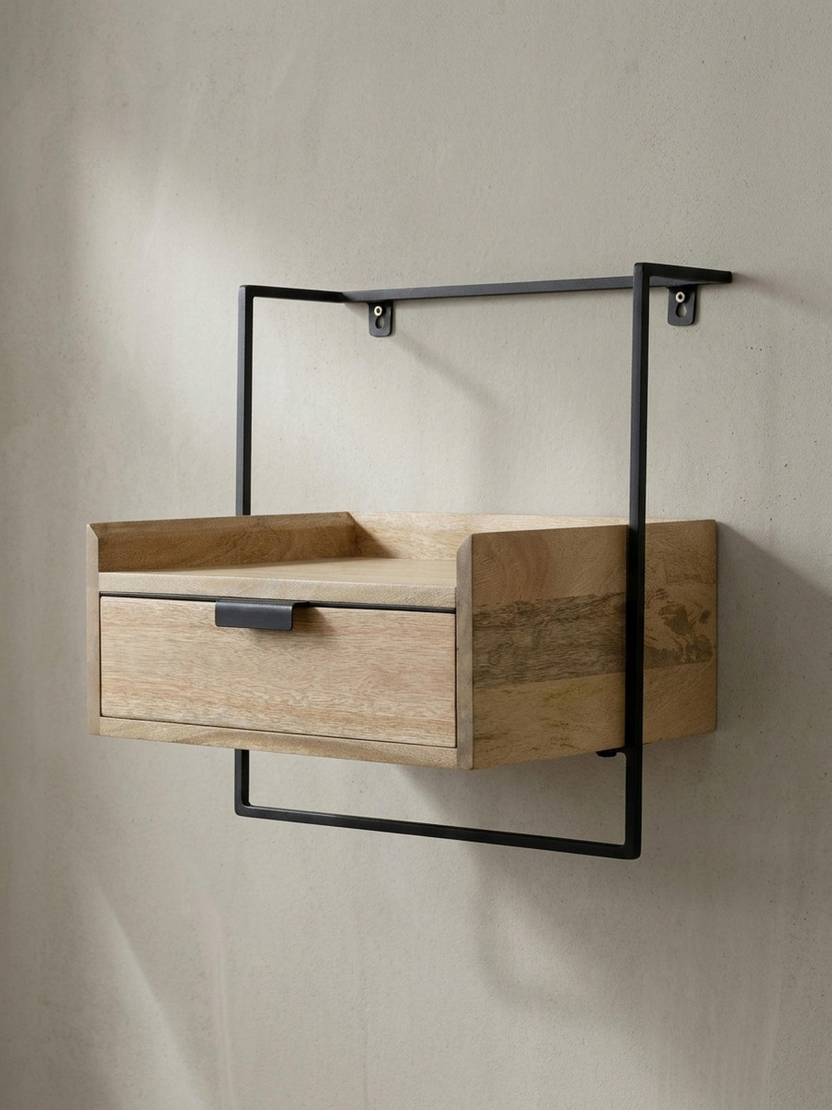 NACHTTISCH Mango Massivholz Wandmontage Schublade Boxspringbett, Beige 44x35x45 cm - Beige/Schwarz, Holz/Metall (44/45/35cm) - KADIMA DESIGN