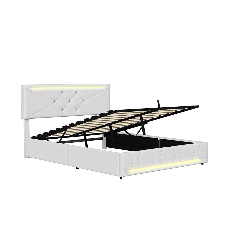 POLSTERBETT 140x200 cm mit LED-Beleuchtung&USB-Ladefunktion -höhenverstellbarem Kopfteil und hydraulischem Stauraum - Beige, Textil (140/200cm) - DELFA