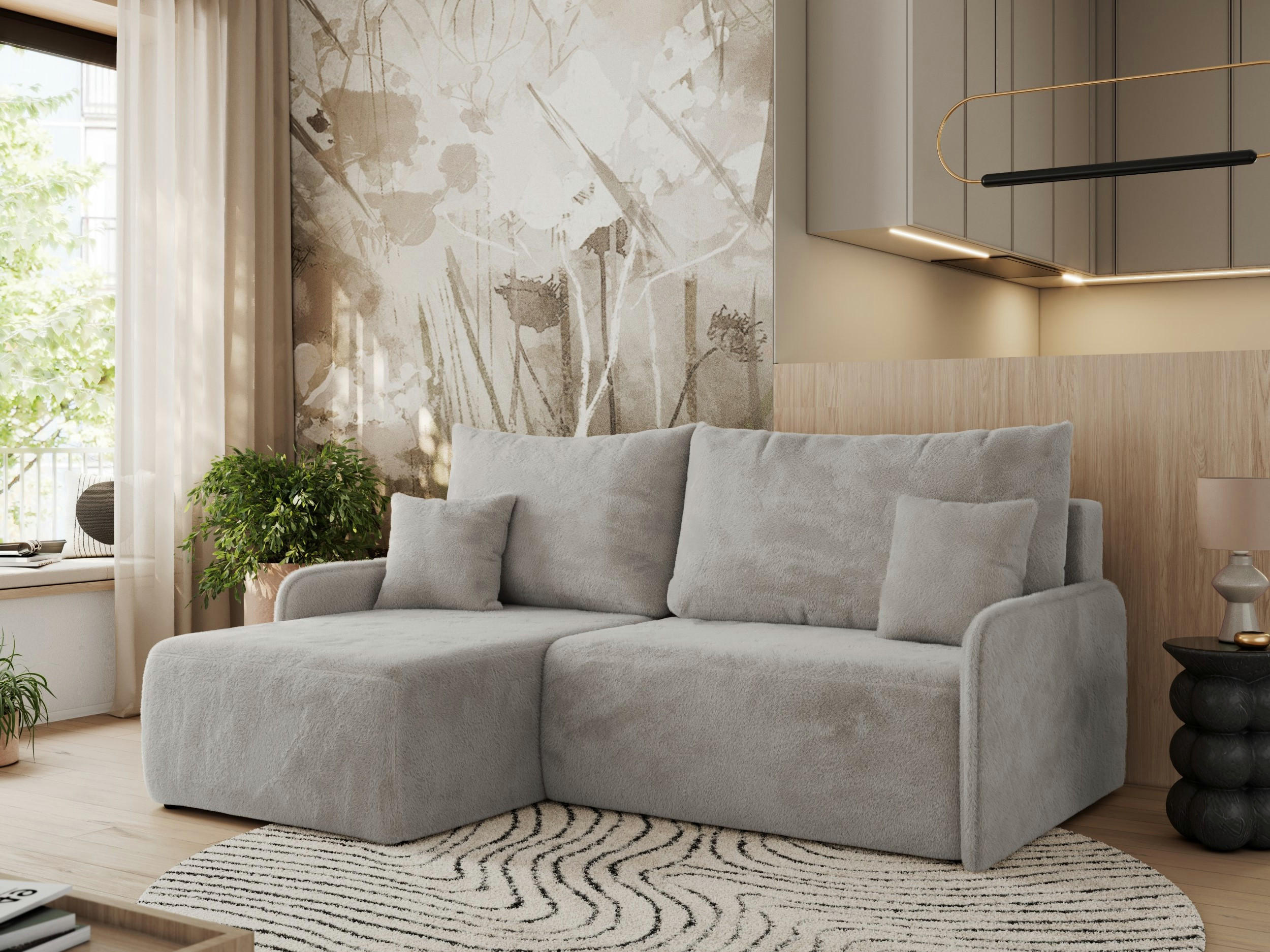 ECKSCHLAFSOFA ARPA L Hellgrau Plüsch - links - Hellgrau/Schwarz, Kunststoff/Textil (198/150cm) - MKS