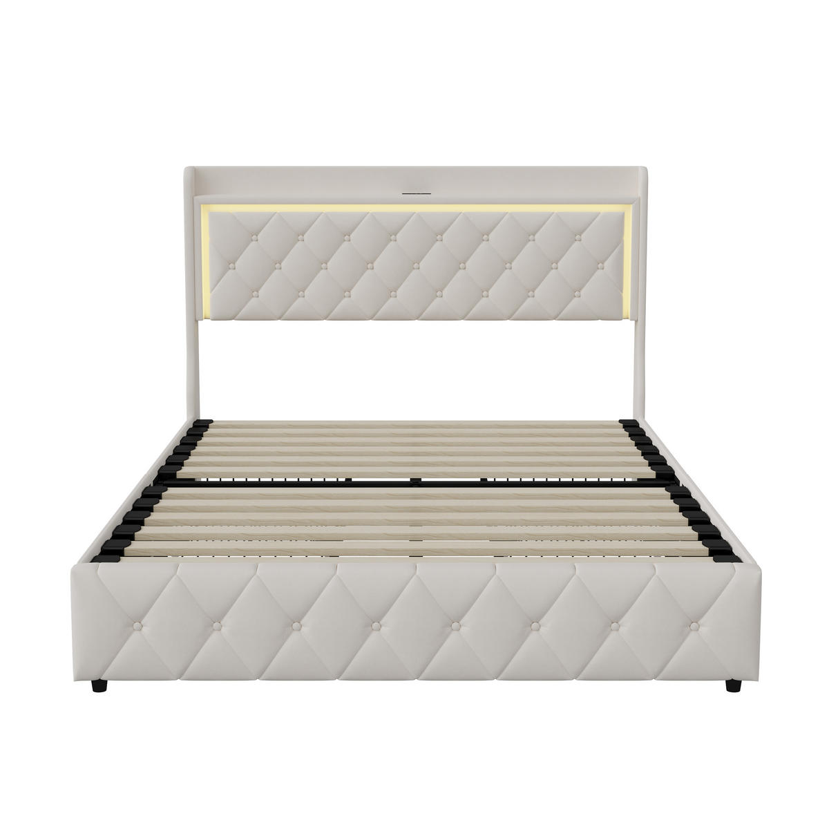 POLSTERBETT 140x200 cm, Samt beige, 4 Schubladen, LED, USB/USB-C, komfortabel, modern - Beige, Metall (140/200cm) - EuroLiving