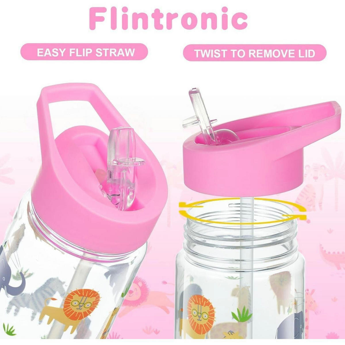 KINDER Trinkflasche mit Strohhalm 450 ml Rosa Tiere - Multicolor, Kunststoff (7.5/7.5cm)