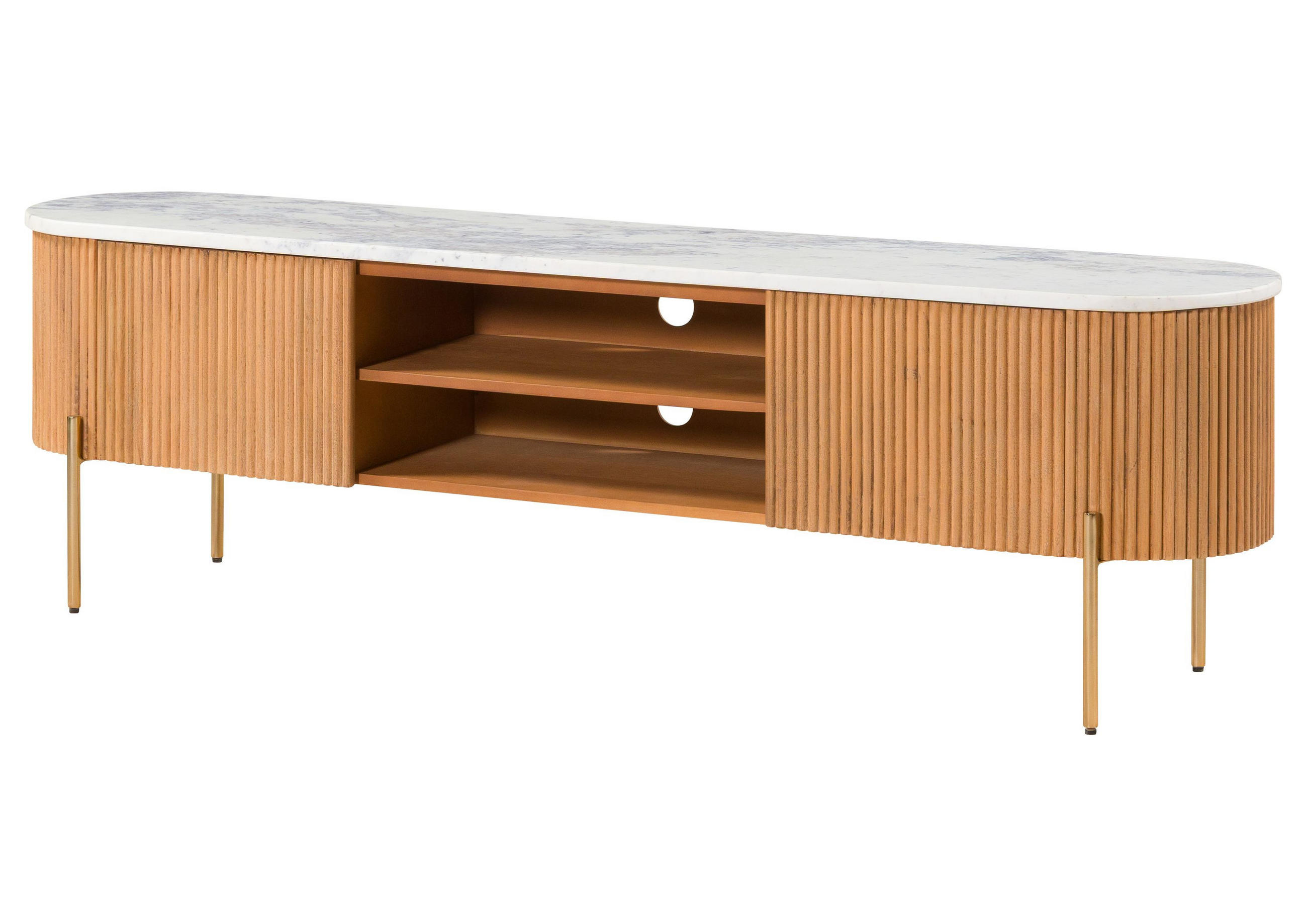 TV-BOARD Mango 180x36x51 natur lackiert / Marmor weiß BARCELONA #511 - Naturfarben, Holz (180/51/36cm) - Massivmoebel24