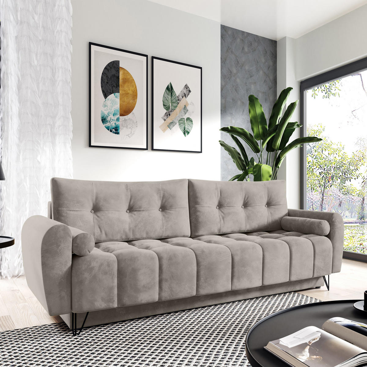 SCHLAFSOFA Malaga 3-Sitzer, Dunkelbeige - Beige/Schwarz, Textil (223/93/100cm) - Beautysofa