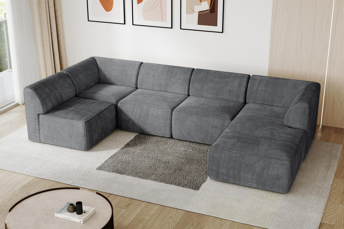 WOHNLANDSCHAFT Ottomane Rechts MOVA 345x180x78 Dunkelgrau Cord - Dunkelgrau/Anthrazit, Holzwerkstoff/Kunststoff (345/78/180cm) - ALTDECOR