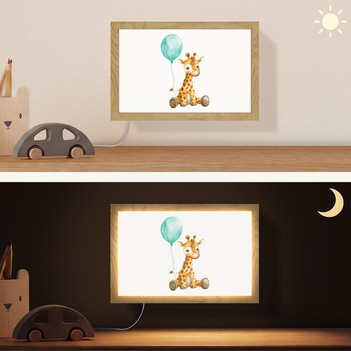 WANDLEUCHTE Giraffe - Baby - Tiere - Blauer Ballon 30x20 cm - Weiß, Holzwerkstoff (30/20/8cm) - OnlyWow