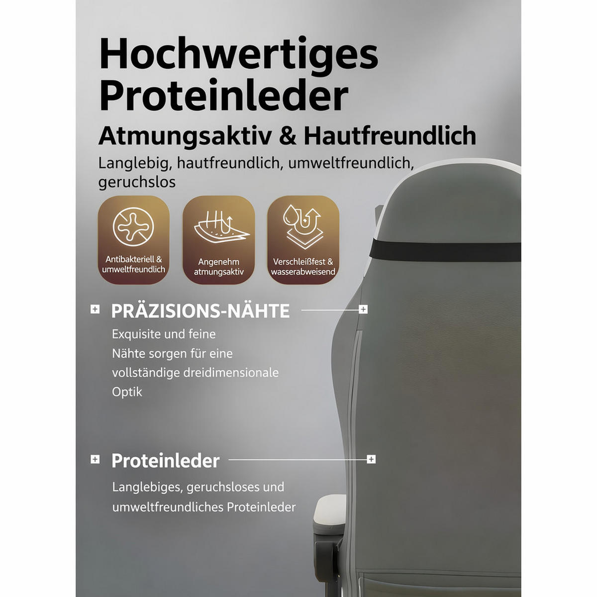 GAMING-STUHL grau mit Rautensteppung, Fußstütze, Nacken- und Lendenkissen, höhenverstellbar - Grau, Leder (54/124/62cm) - BRILVERDE