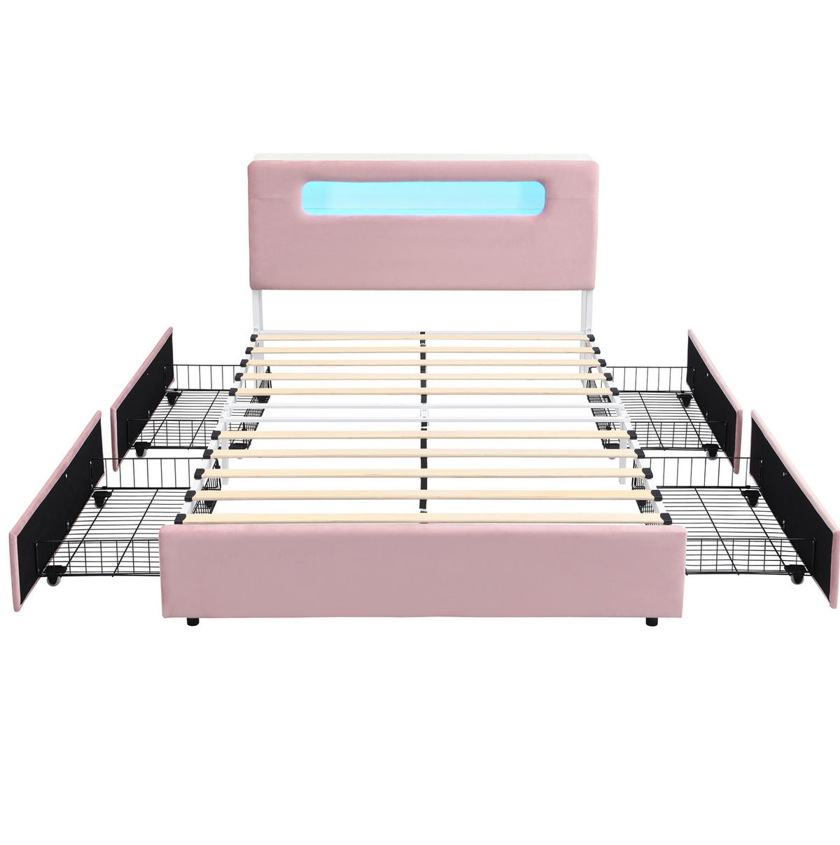 KINDER-POLSTERBETT Samt 140x200 cm Rosa mit 4 Schubladen, LED-Beleuchtung und offenem Kopfteil - Pink, Textil (140/200cm) - Modfu
