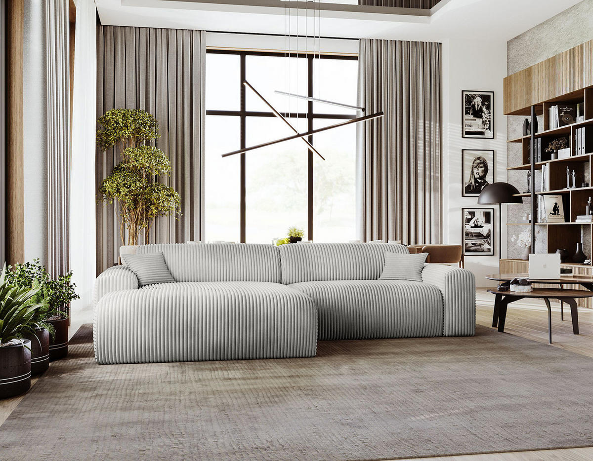 ECKSOFA mit Longchair - Cord - Silberfarben/Schwarz, Kunststoff/Textil (284/178cm) - home24