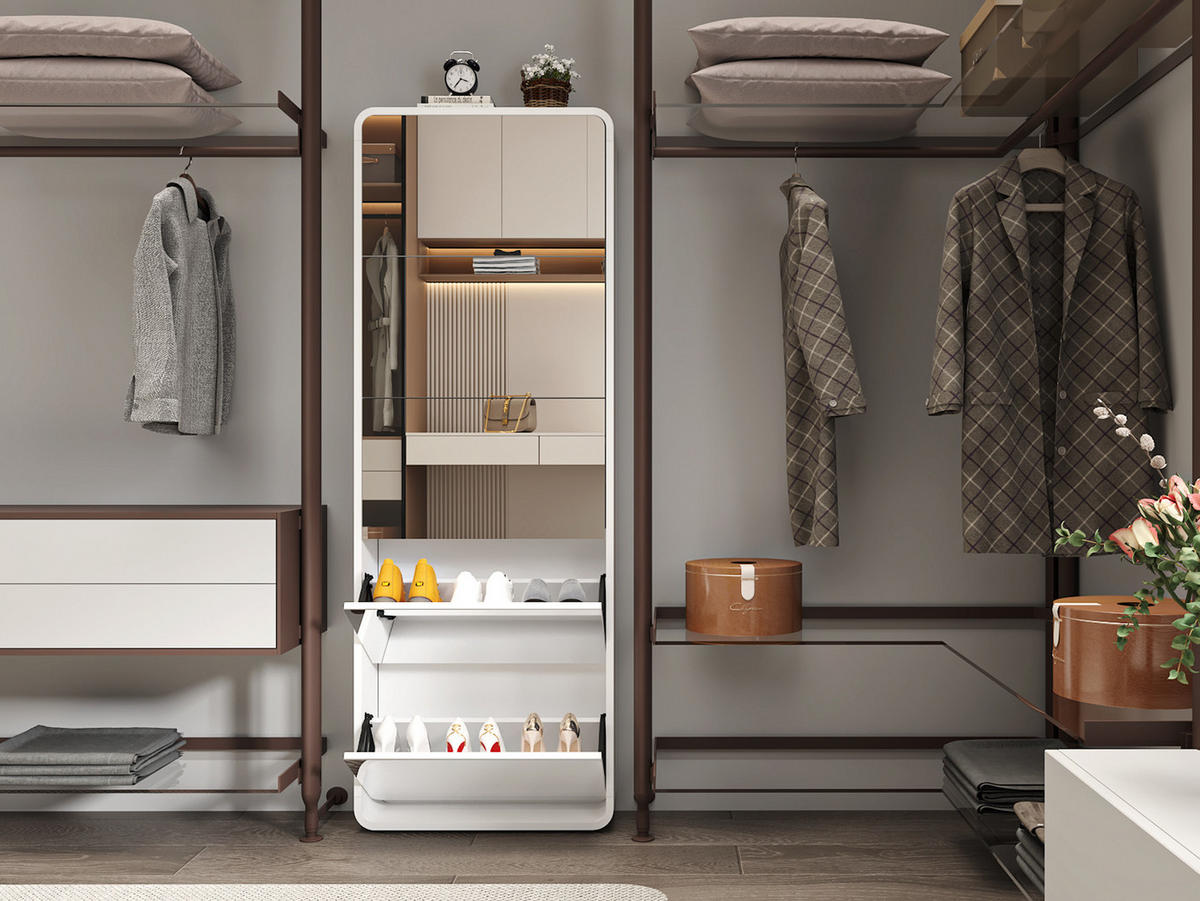 SCHUHSCHRANK aus MDF 176cm in Weiß mit Ganzkörperspiegel - Weiß, Holzwerkstoff (63/176/19.5cm) - Modfu
