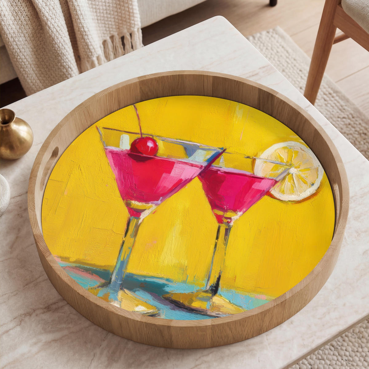 SERVÍROVACÍ PODNOS Sklenice - Koktejl - Citron - Třešeň 50x50 cm - žlutá, dřevo (50/5/5cm) - OnlyWow