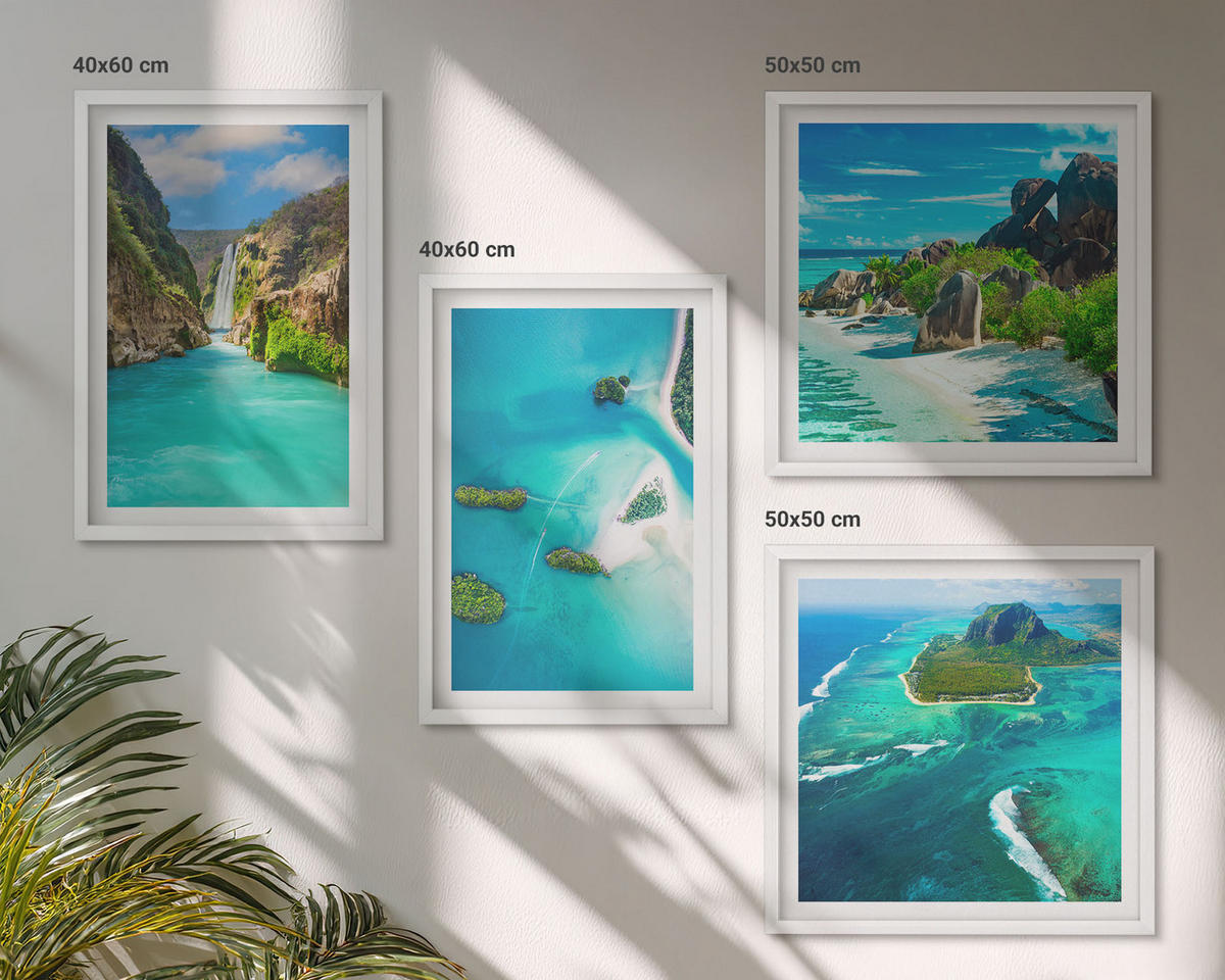 BILDER SET 4er Set - 50x50 cm & 40x60 cm Weißer Rahmen - Tropische türkisfarbene Inseln - Weiß, Kunststoff (50/50cm) - TULUP